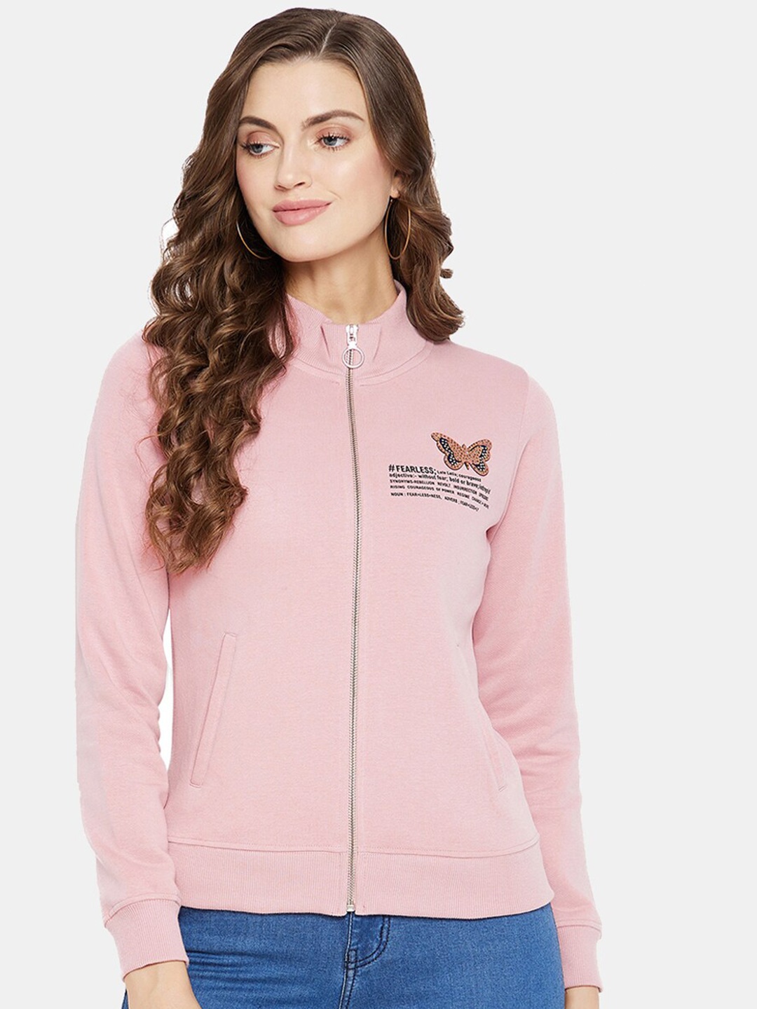 

CLAPTON Graphic Printed Mock Collar Cotton Front Open Sweatshirt, Pink