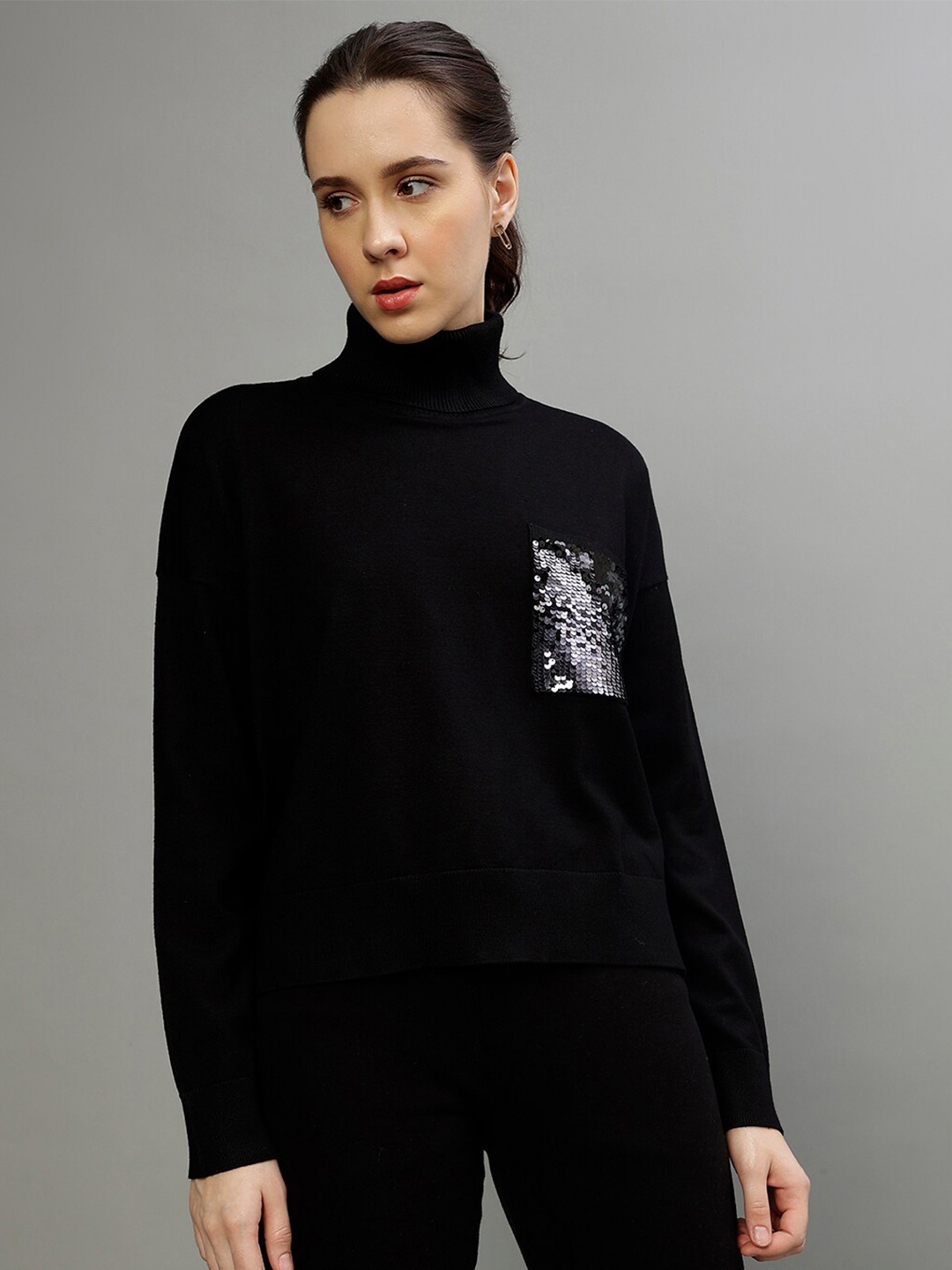 

DKNY High Neck Sequinned Long Sleeves Pullover, Black