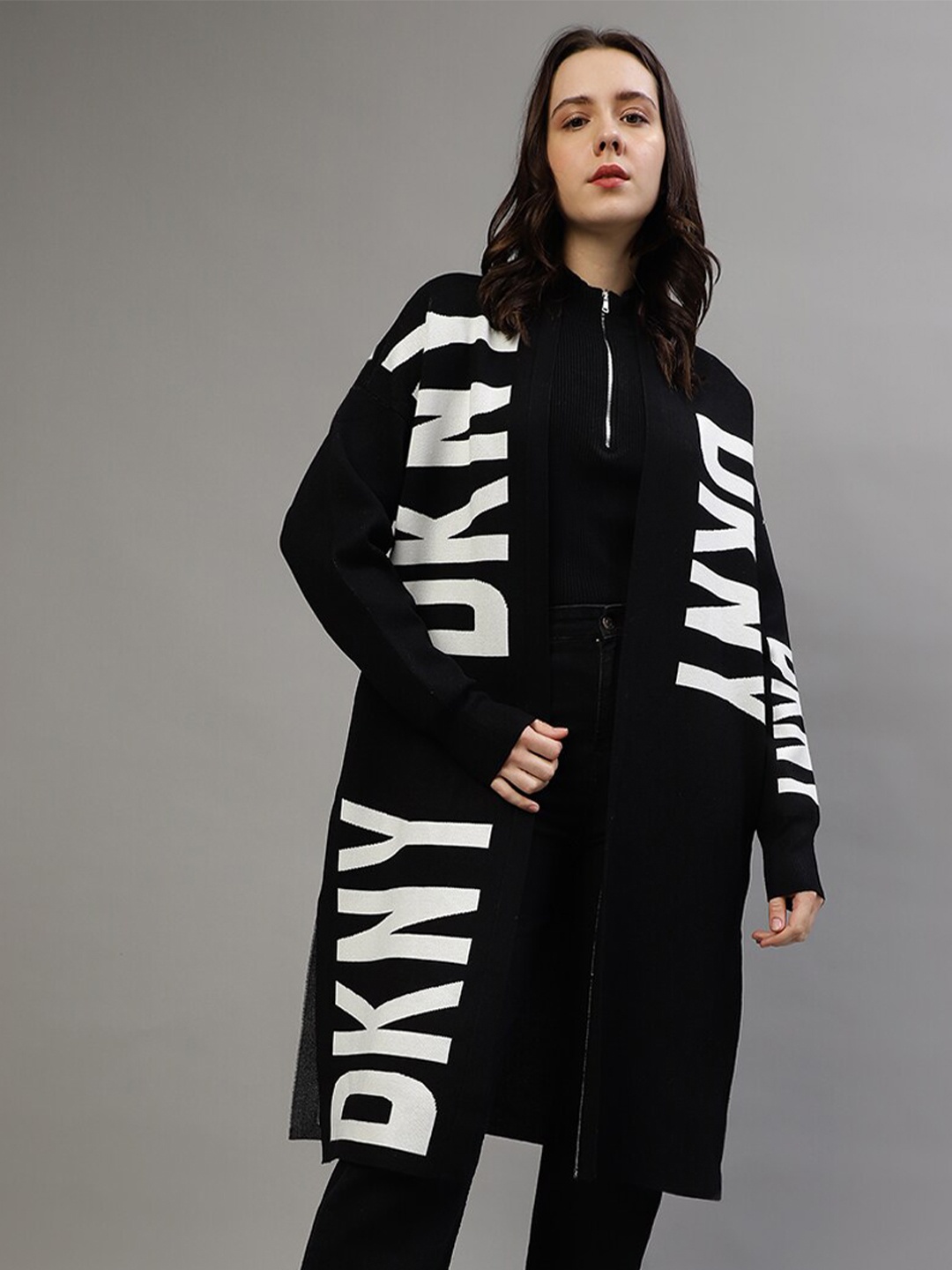 

DKNY Typography Printed Sweatshirt Longline Front Open Sweater, Black