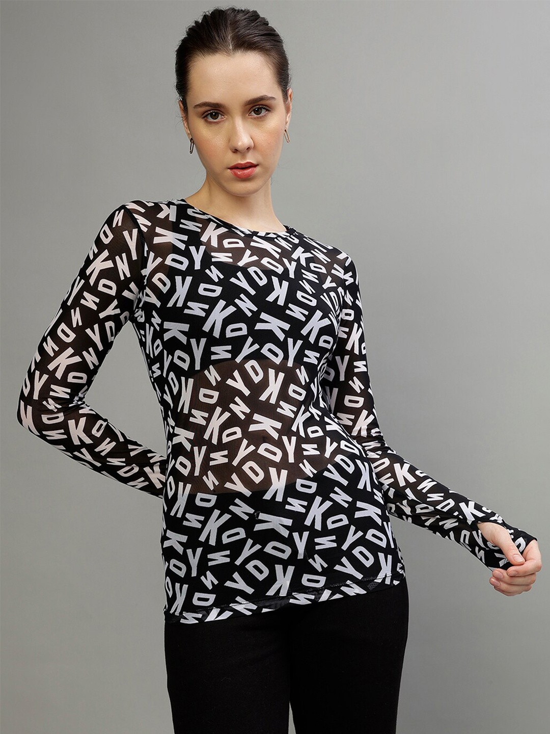 

DKNY Typography Printed Print Round Neck Fitted Top, Black