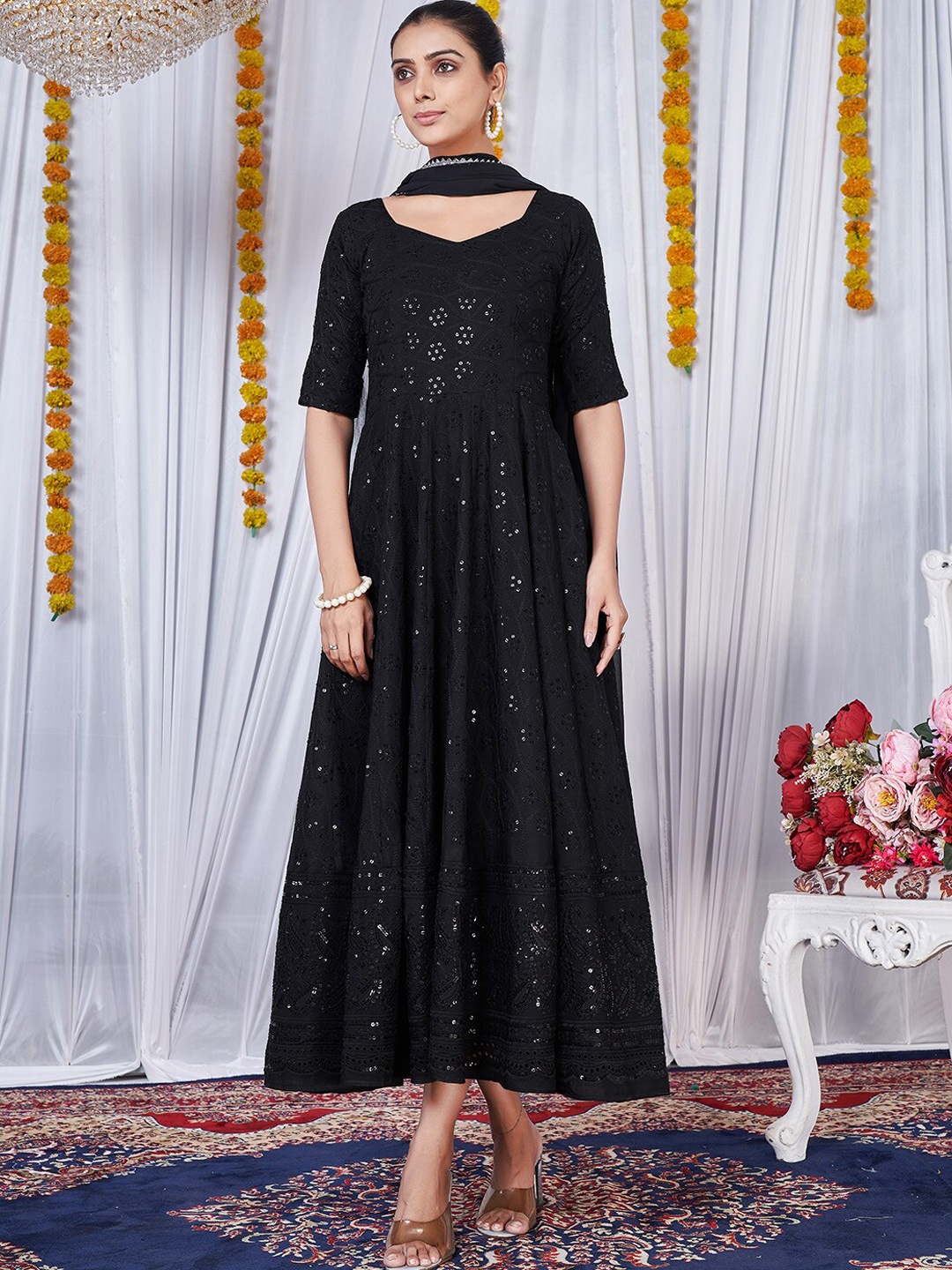 

PRENEA Ethnic Motifs Embroidered Chikankari Detail Maxi Ethnic Dress With Dupatta, Black