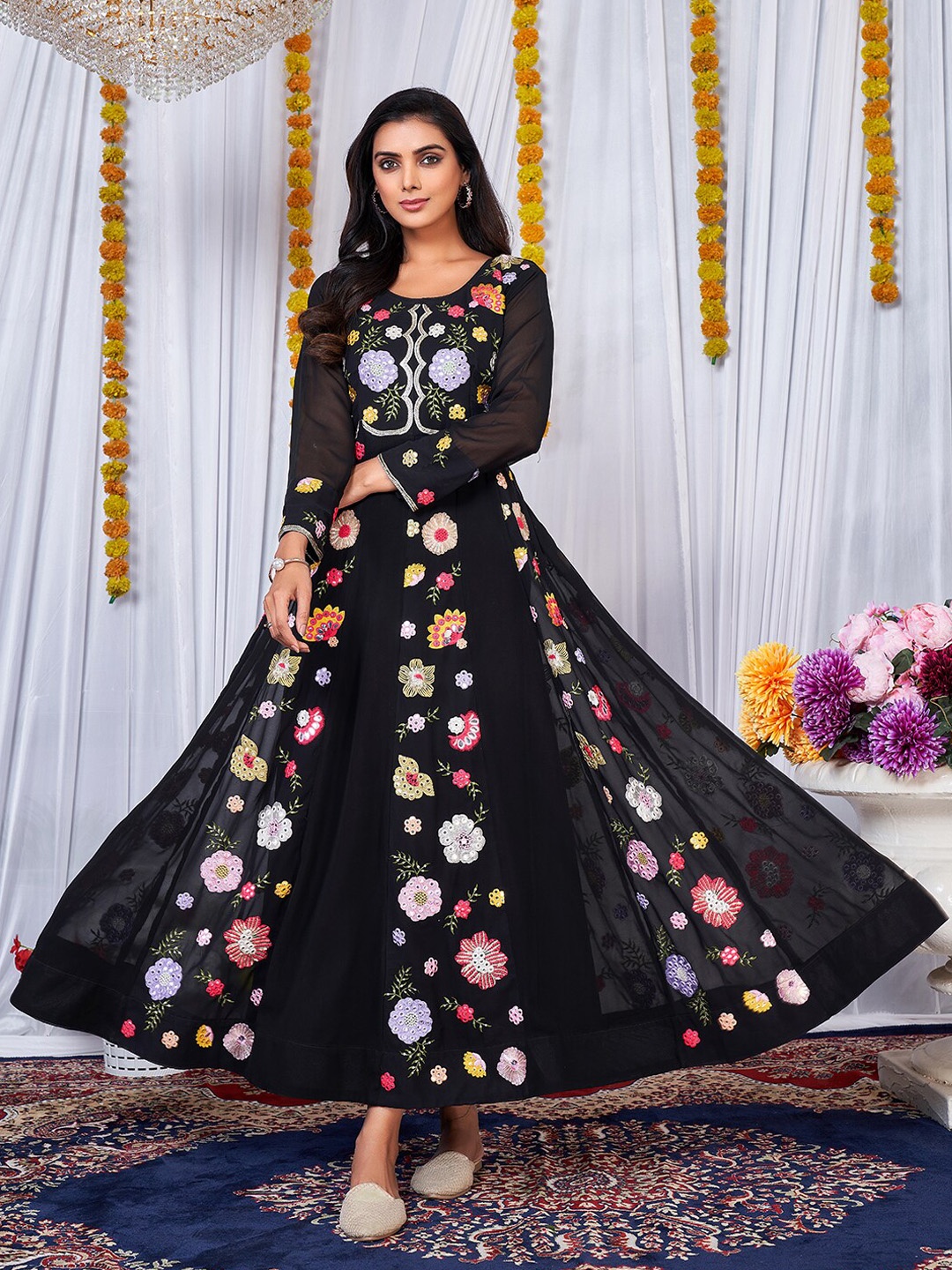 

PRENEA Floral Embroidered Maxi Ethnic Dress, Black