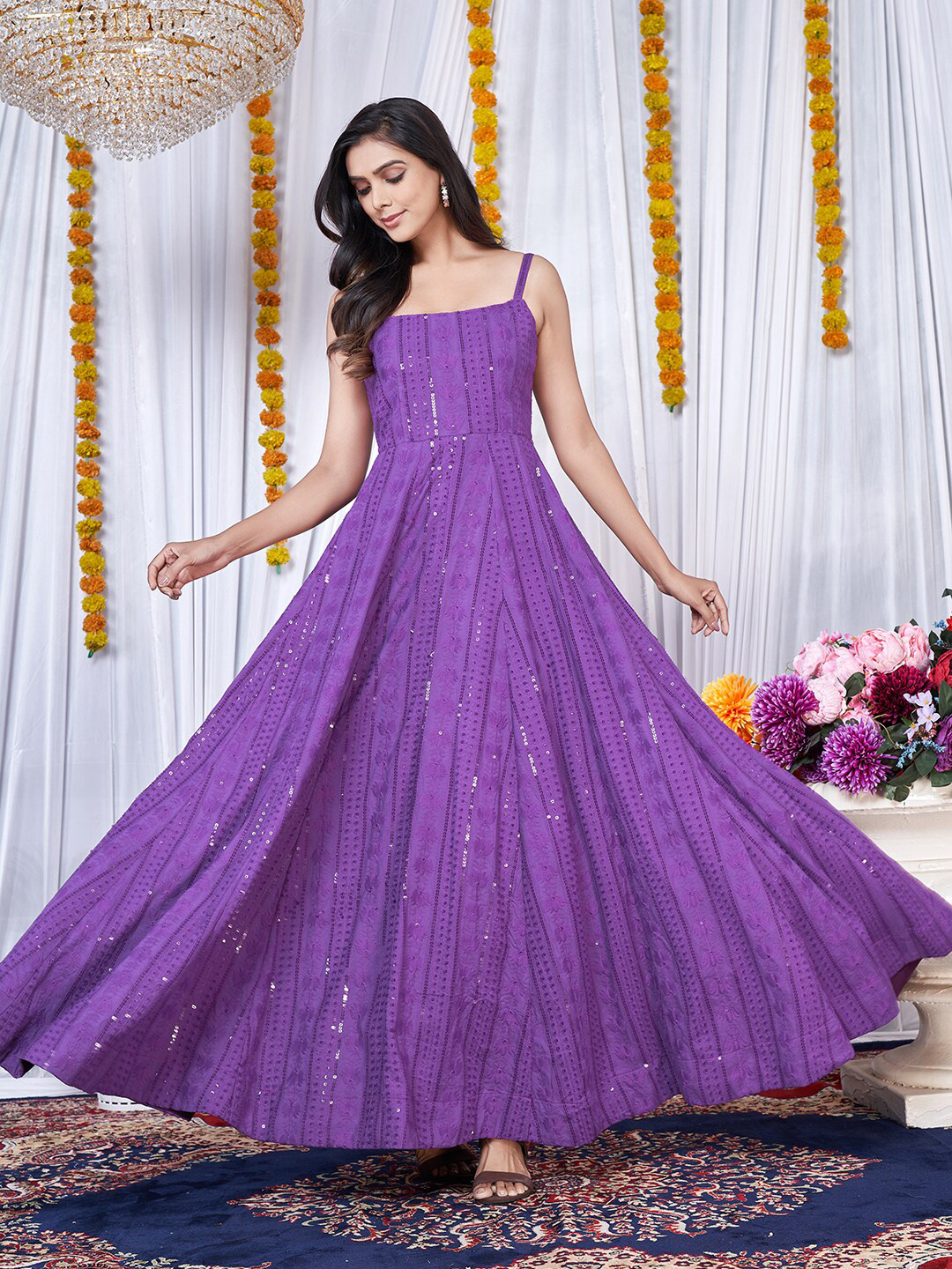 

PRENEA Ethnic Motifs Embroidered Chikankari Detail Shoulder Straps Maxi Ethnic Dresses, Purple