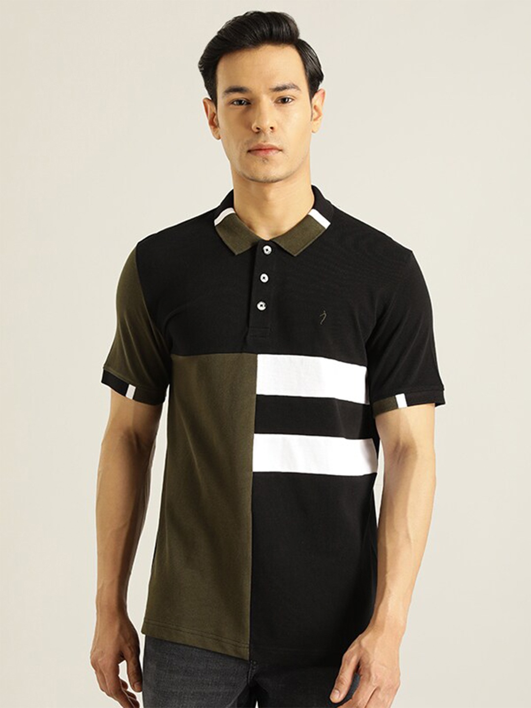 

Indian Terrain Colourblocked Polo Collar Cotton T-shirt, Green