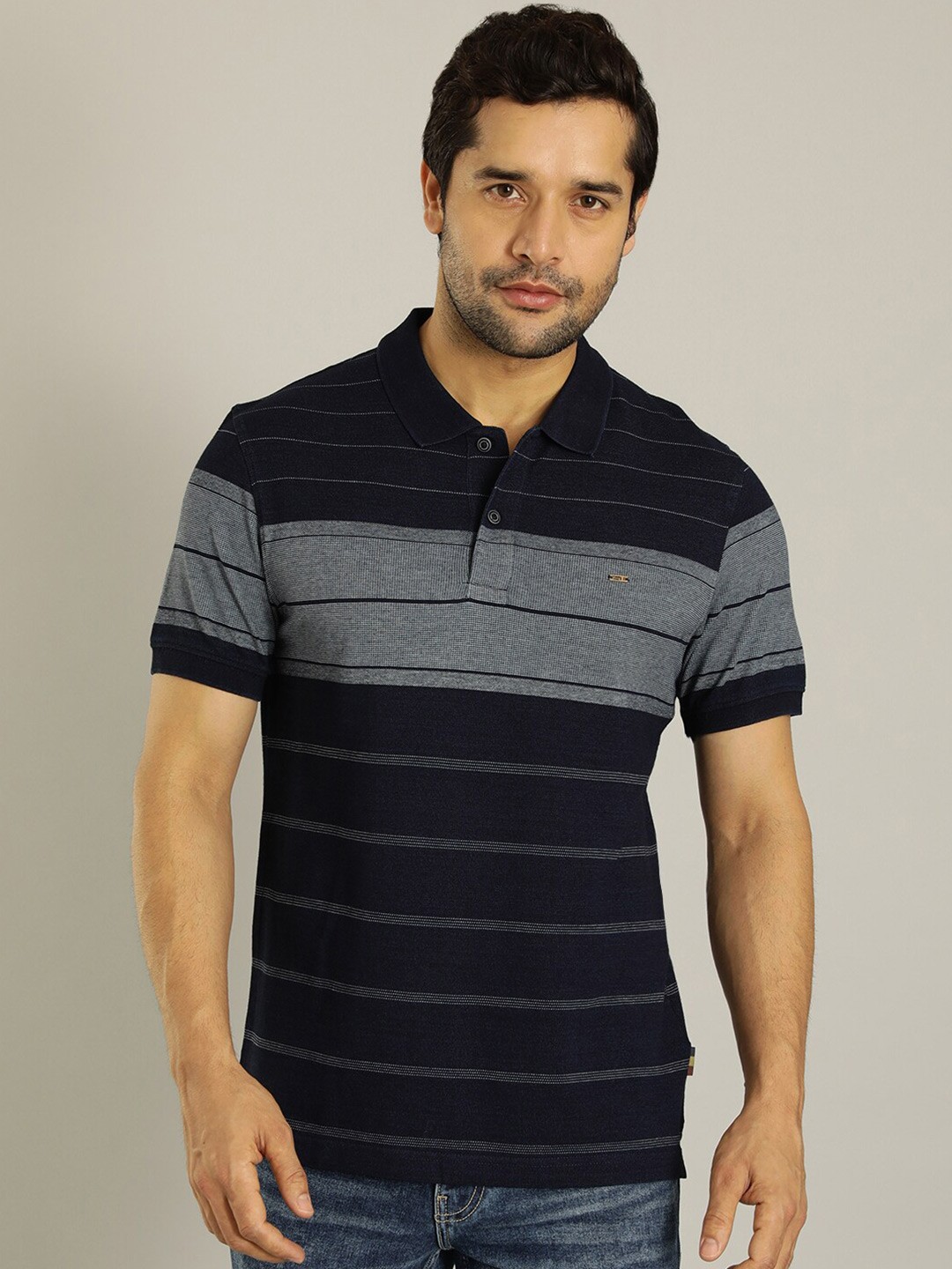 

Indian Terrain Striped Polo Collar Cotton T-shirt, Navy blue