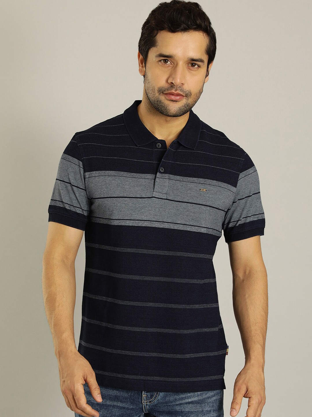 

Indian Terrain Striped Polo Collar Cotton T-shirt, Navy blue