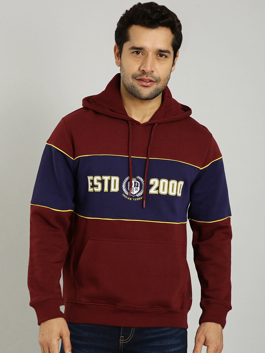 

Indian Terrain Colourblocked Hooded Neck Long Sleeve Pullover Sweatshirt, Burgundy