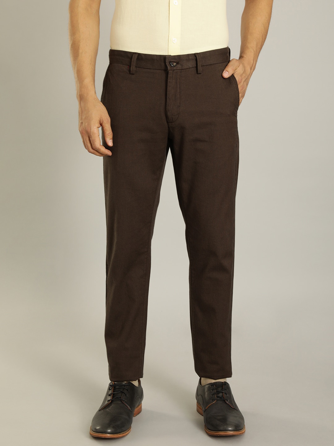 

Indian Terrain Men Mid-Rise Brooklyn Slim Fit Formal Trousers, Coffee brown