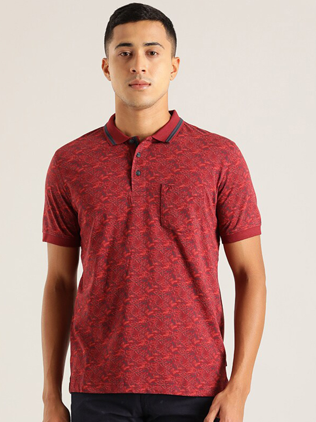 

Indian Terrain Floral Printed Polo Collar Cotton Regular T-shirt, Maroon