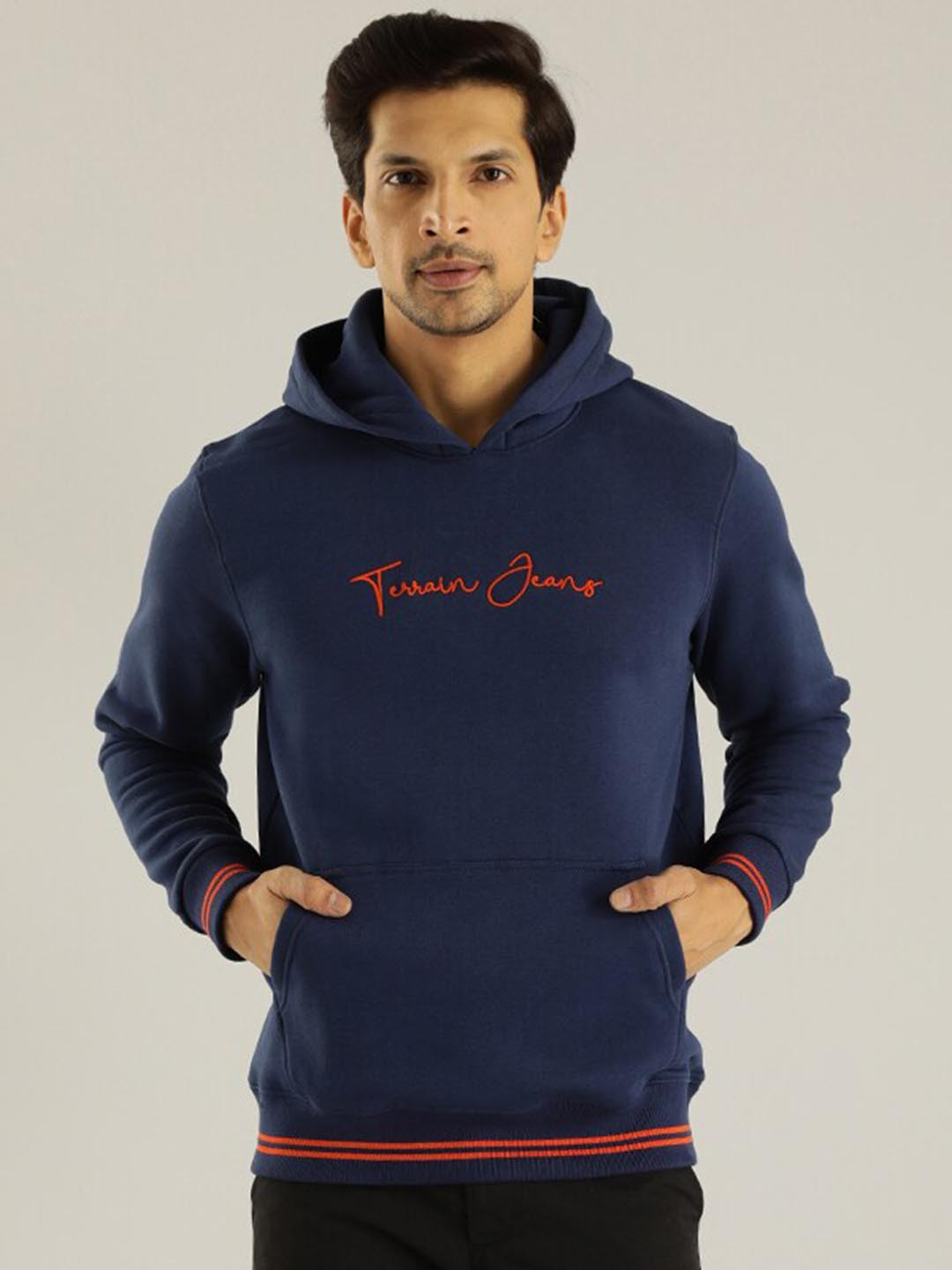 

Indian Terrain Typography Printed Hooded Pullover Sweatshirt, Blue