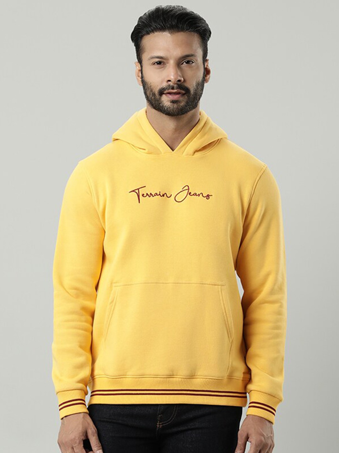 

Indian Terrain Typography Printed Hooded Sweatshirt, Yellow