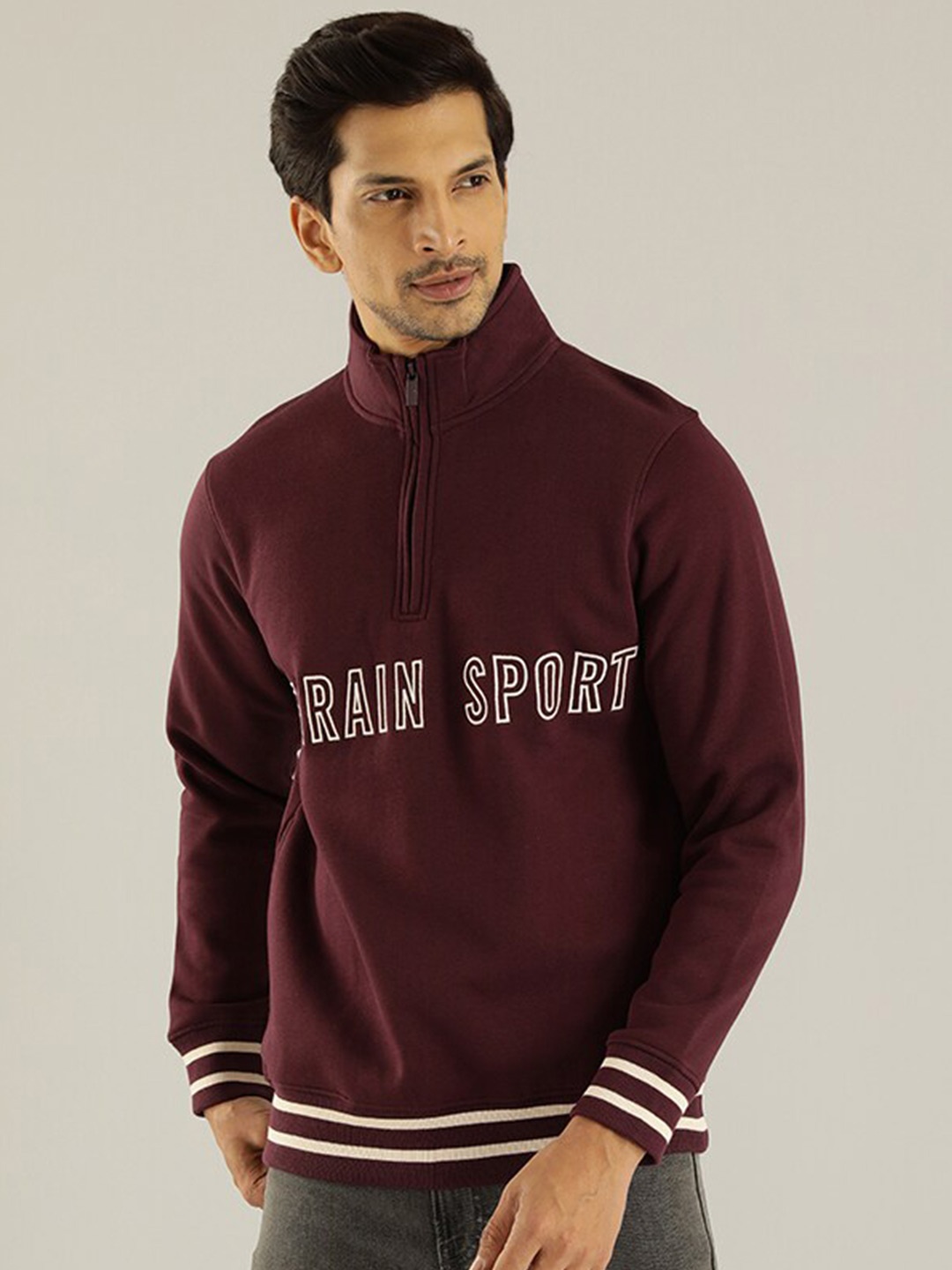 

Indian Terrain Typography Printed Mock Collar Long Sleeve Zip Detail Front-Open Sweatshirt, Purple