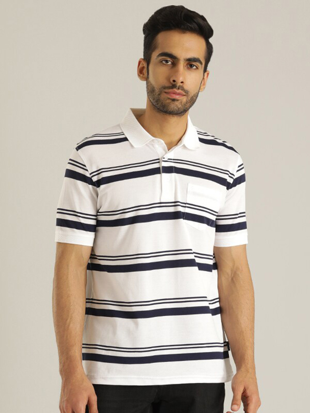 

Indian Terrain Striped Polo Collar Cotton T-shirt, White
