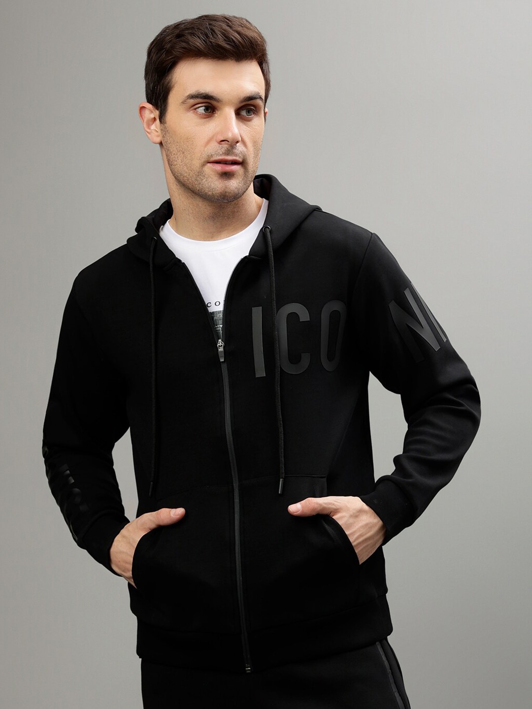 

Iconic Typography Printed Hooded Front-Open Sweatshirt, Black