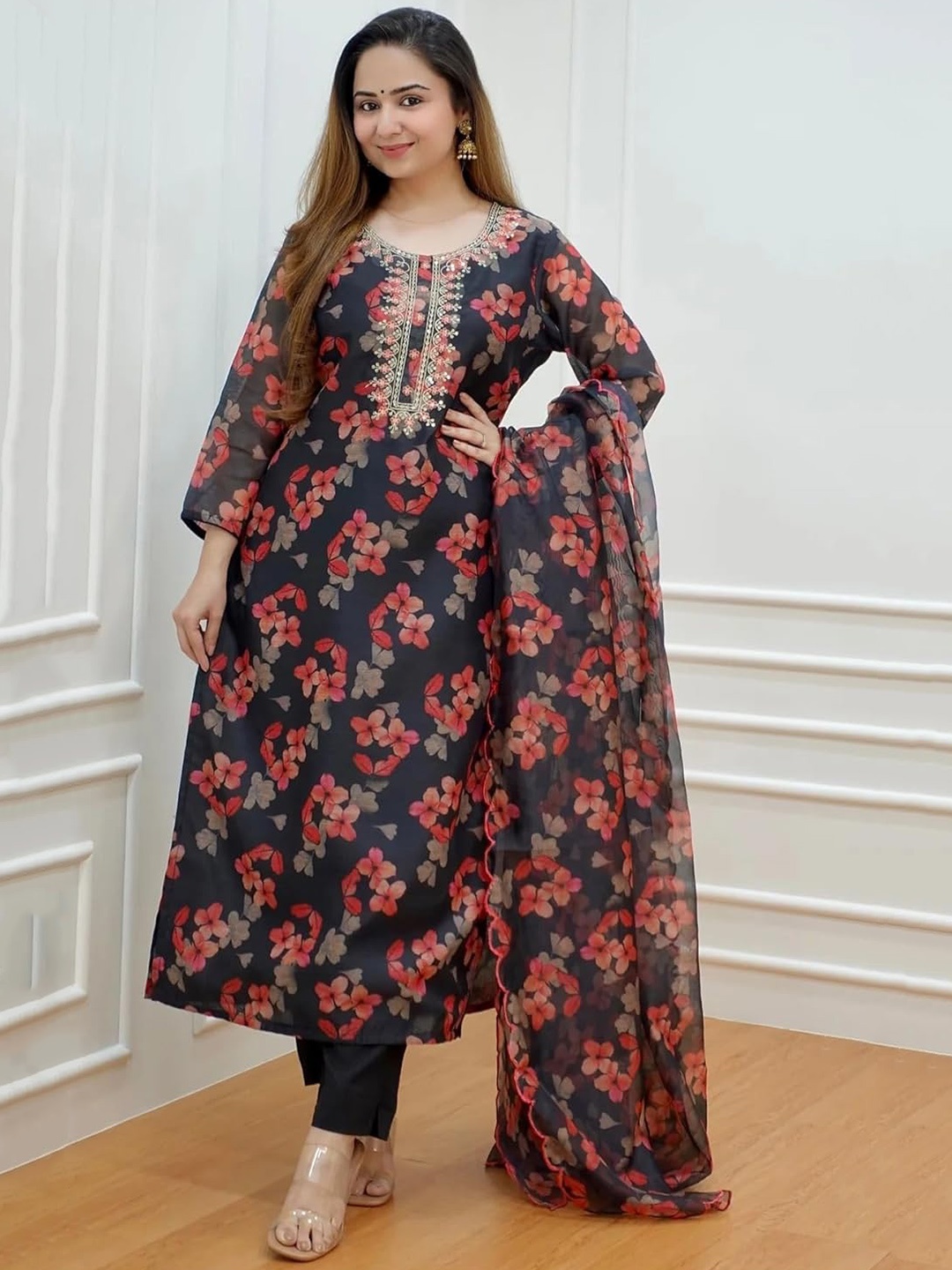 

KALINI Floral Printed A-Line Thread Work Kurta With Trousers & Dupatta, Navy blue