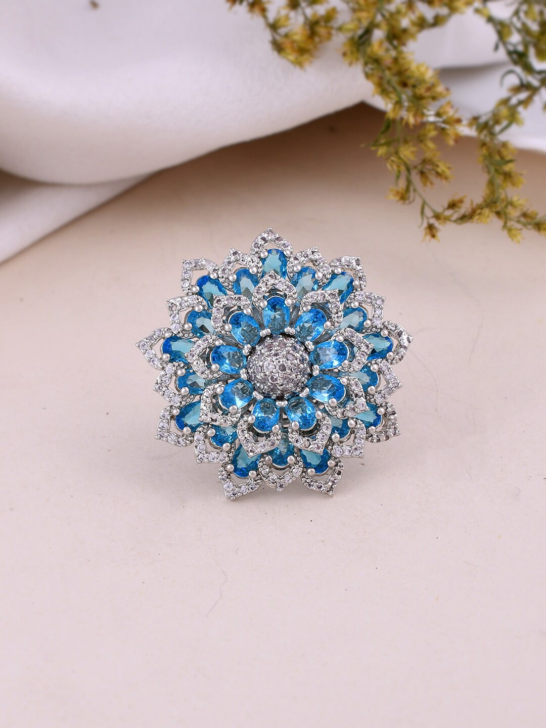 

Silvermerc Designs Silver Plated American Diamond Studded Adjustable Finger Ring