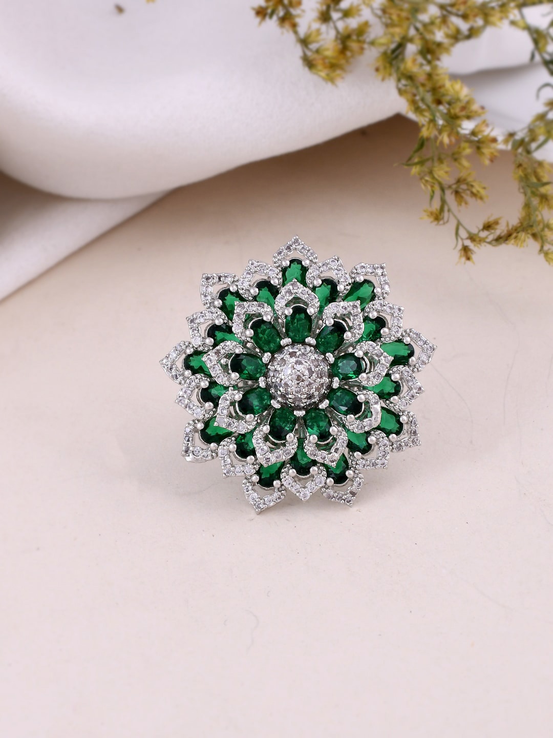 

Silvermerc Designs Silver Plated American Diamond & Faux Emerald Studded Cocktail Finger Ring