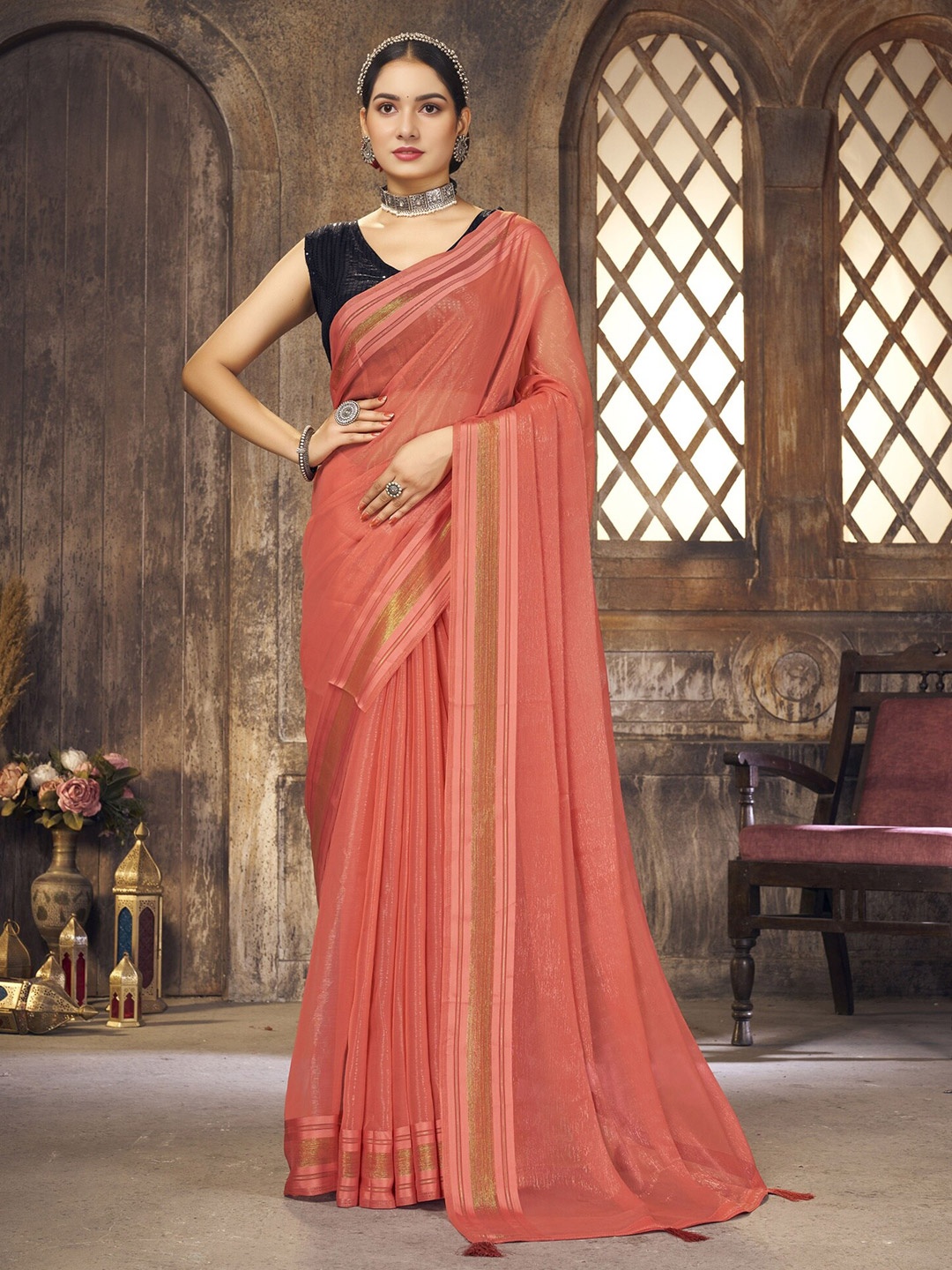 

DIVASTRI Zari Pure Chiffon Banarasi Saree, Pink