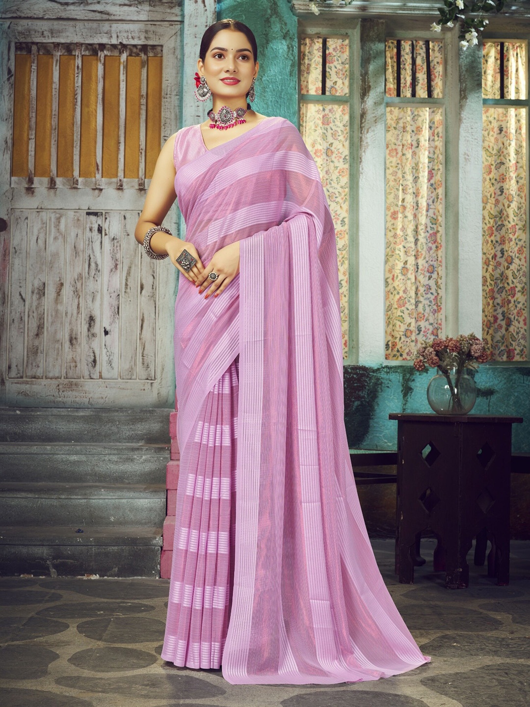 

DIVASTRI Striped Pure Chiffon Saree, Purple