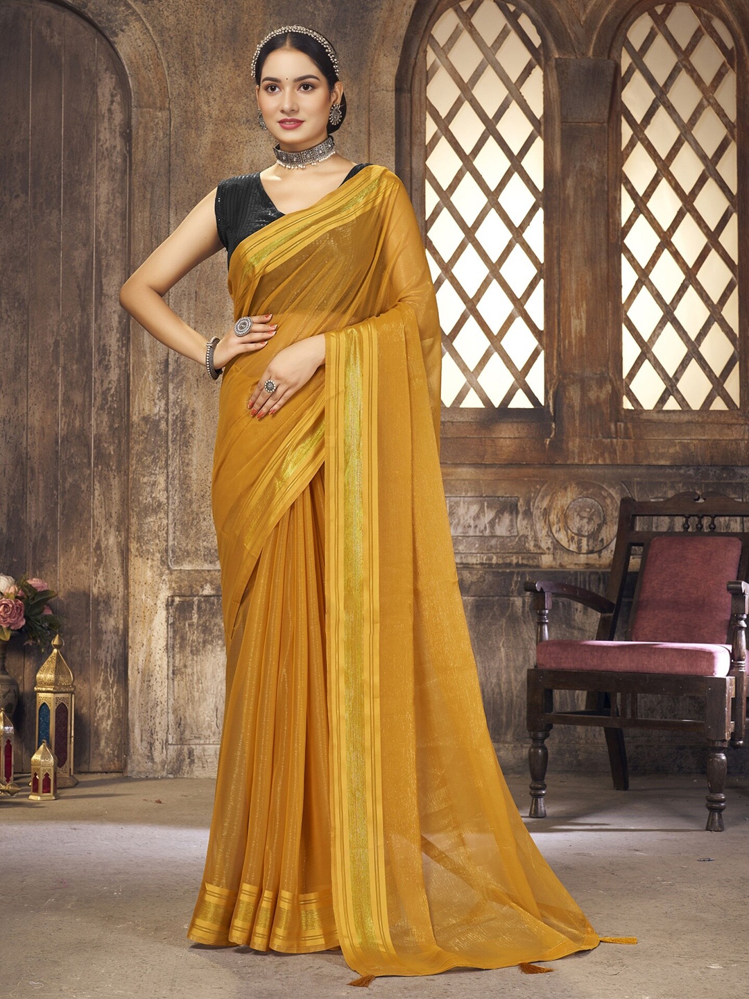 

DIVASTRI Zari Pure Chiffon Banarasi Saree, Orange