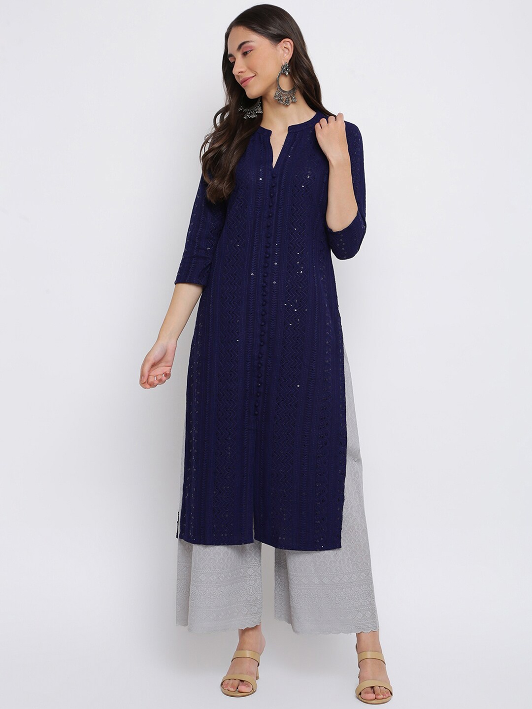

INDIAN KNOTS Chevron Embroidered Sequinned Chikankari Straight Kurta, Navy blue