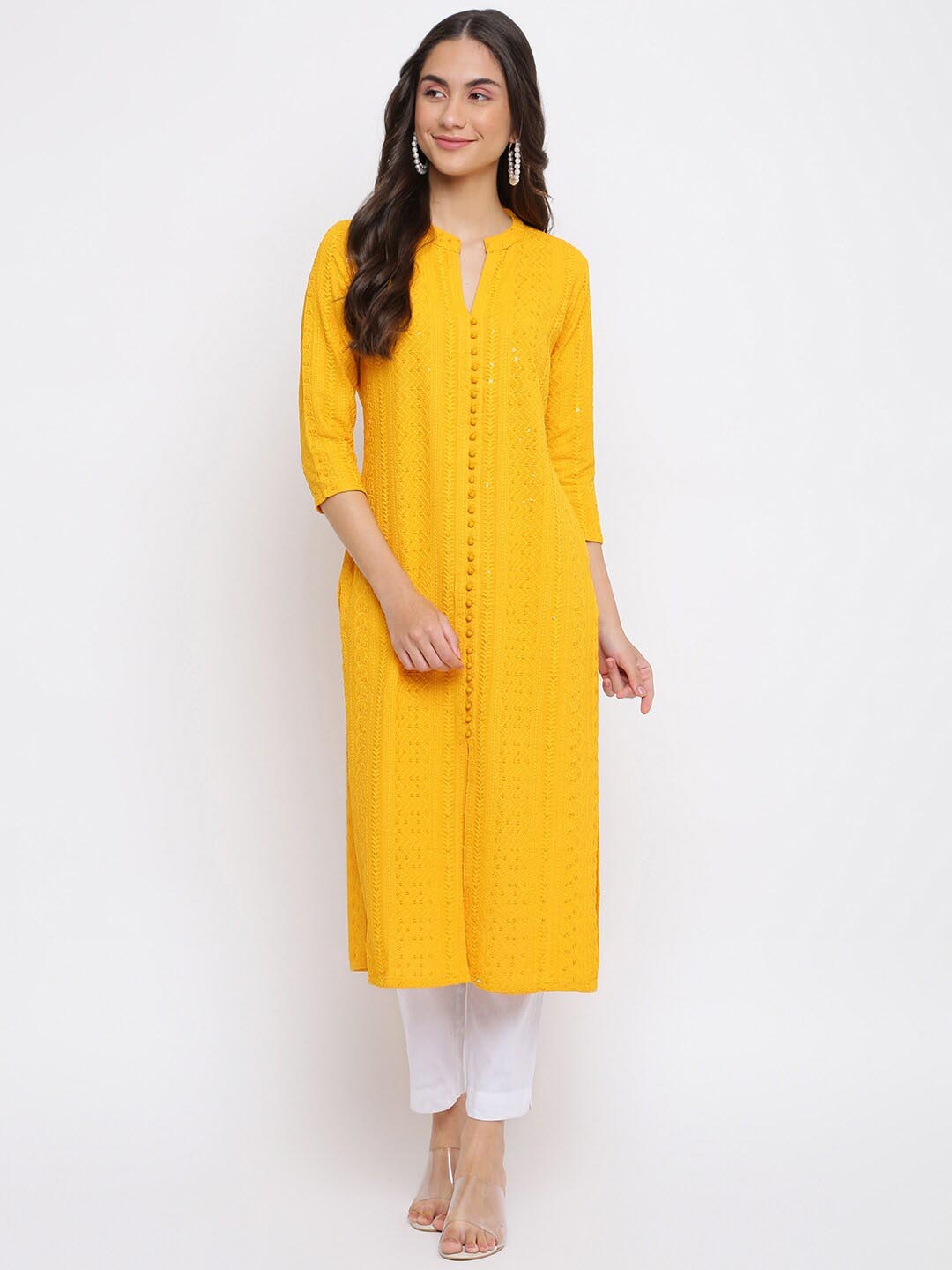 

INDIAN KNOTS Ethnic Motifs Embroidered Regular Chikankari Kurta, Yellow