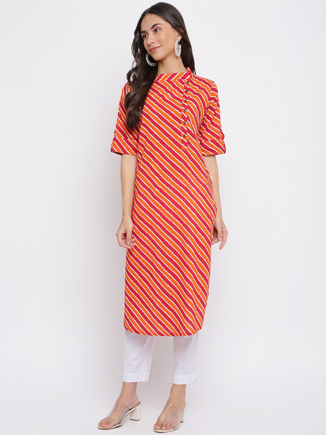 

INDIAN KNOTS Leheriya Printed Pure Cotton Straight Kurta, Red