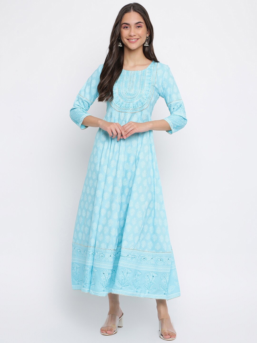 

INDIAN KNOTS Floral Printed Sequinned Cotton Fit & Flare Maxi Ethnic Dress, Blue