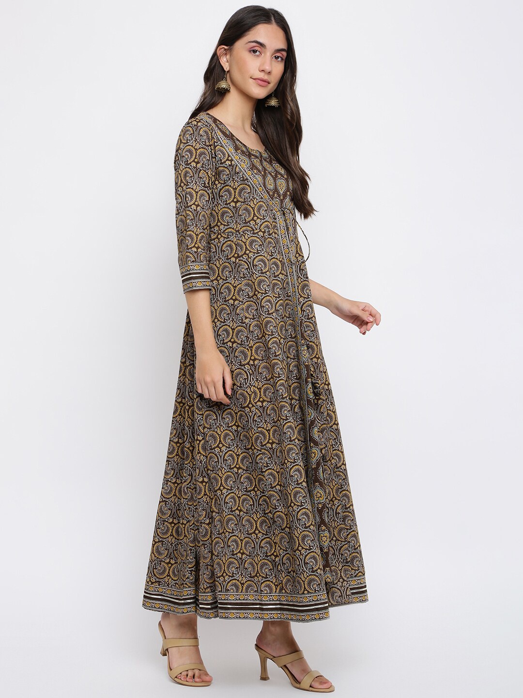 

INDIAN KNOTS Floral Printed Pure Cotton Maxi Ethnic Dress, Brown