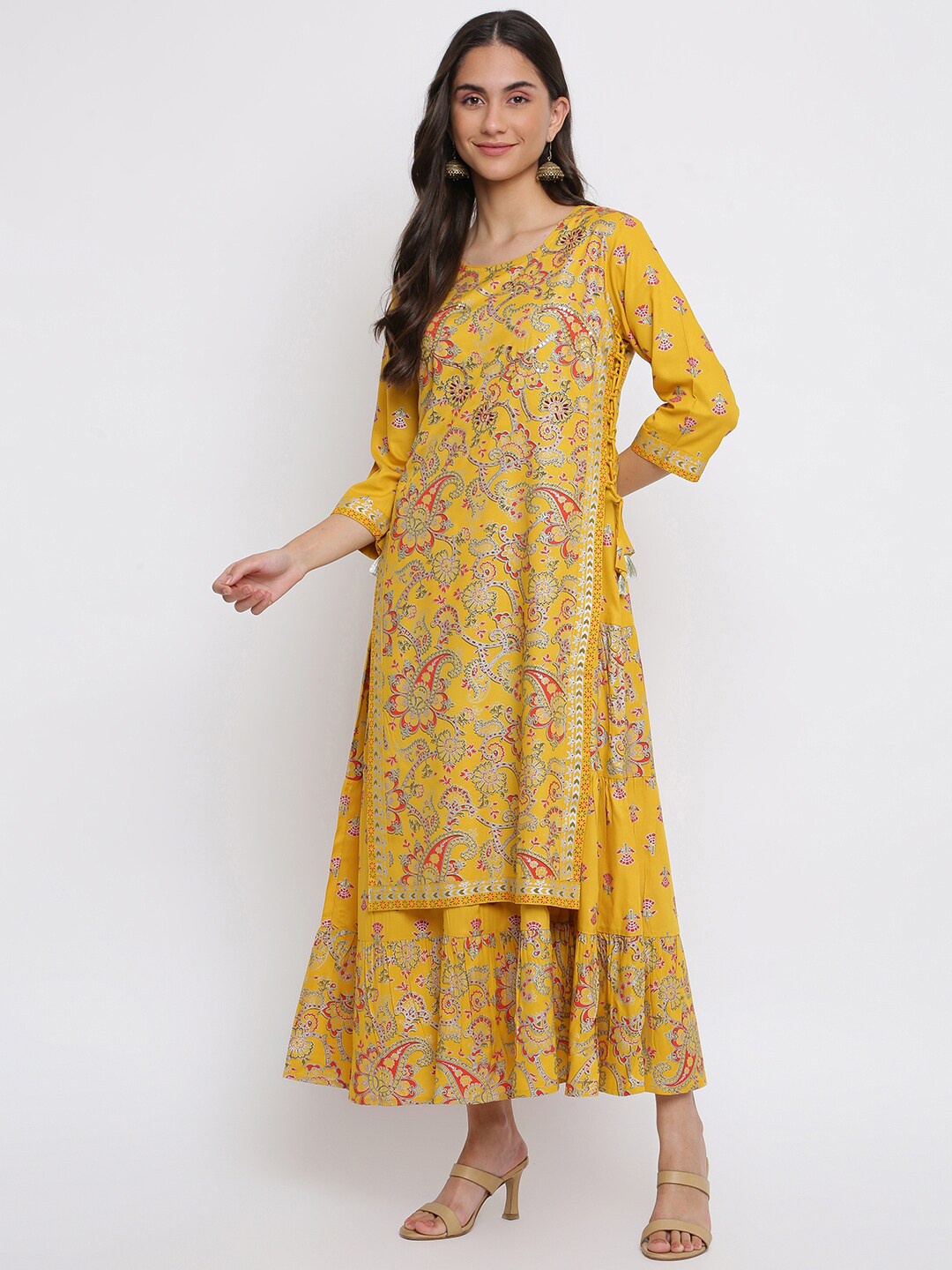

Indian Knots Floral Printed Tie-Up Detail A-Line Pure Cotton Layered Ethnic Dress, Mustard