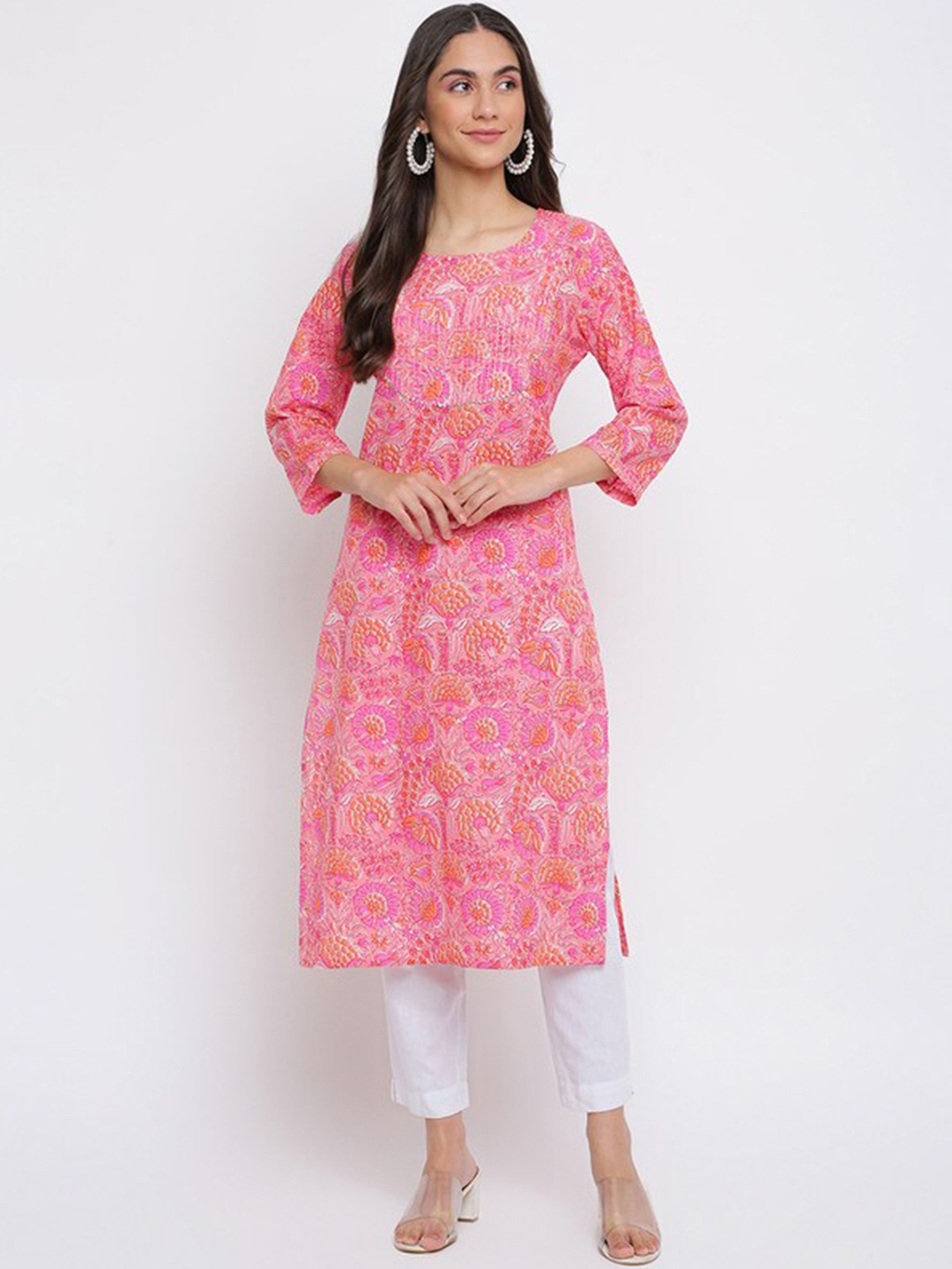 

INDIAN KNOTS Floral Printed Regular Sequined Cotton Kurta, Pink