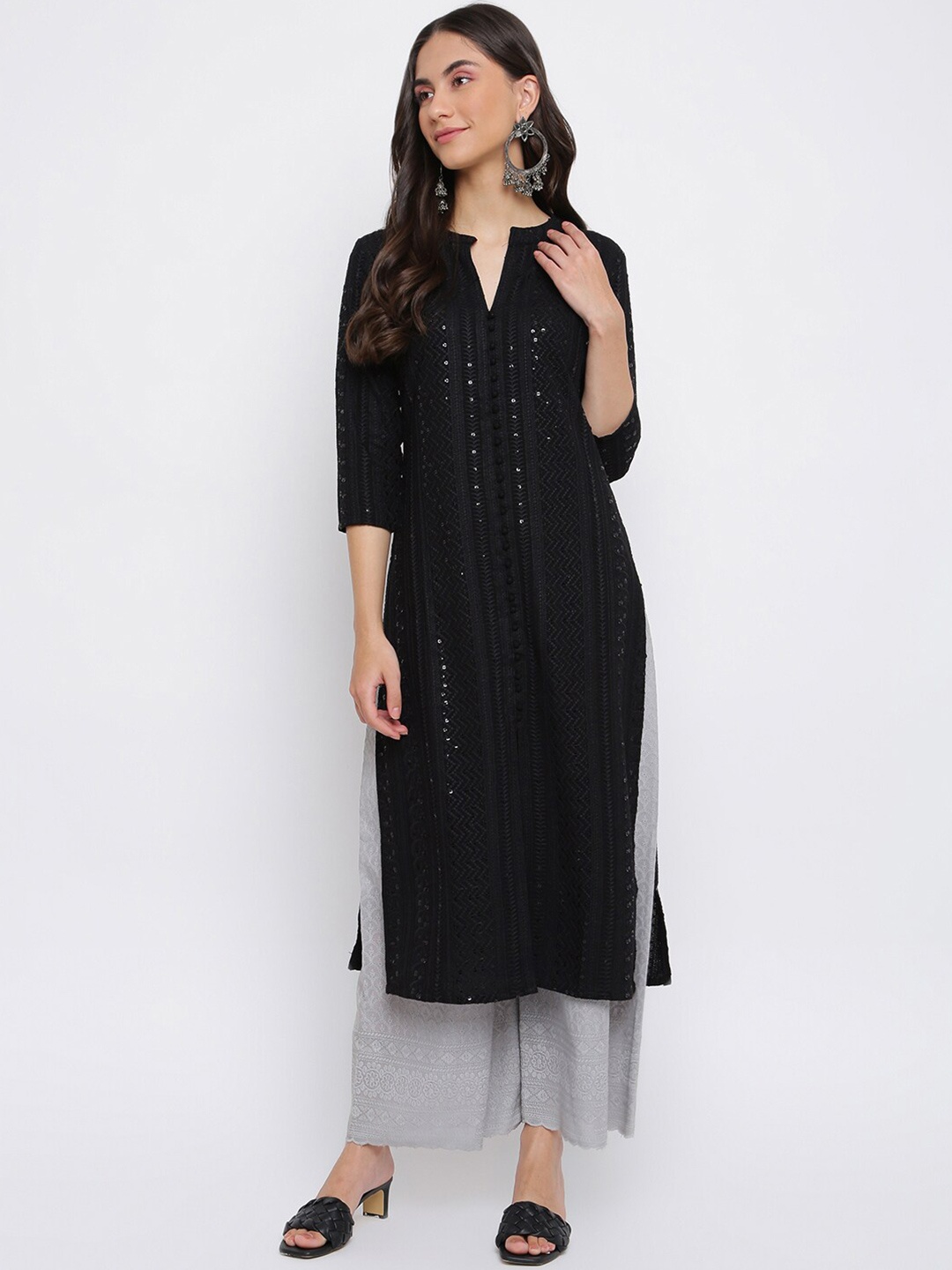 

INDIAN KNOTS Sequin Embellished Chikankari Straight Kurta, Black