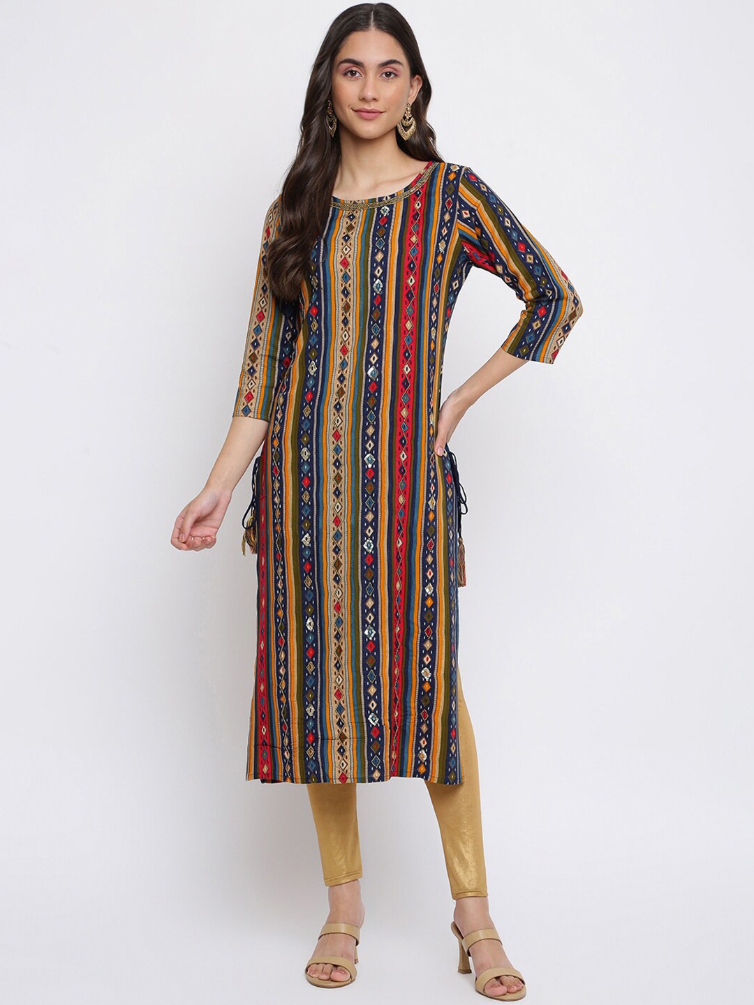 

INDIAN KNOTS Ethnic Motifs Printed Sequinned Pure Cotton Straight Kurta, Assorted