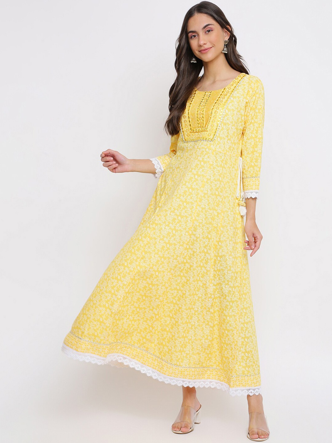 

INDIAN KNOTS Floral Printed Embroidered Detailed Cotton Maxi Ethnic Dress, Yellow