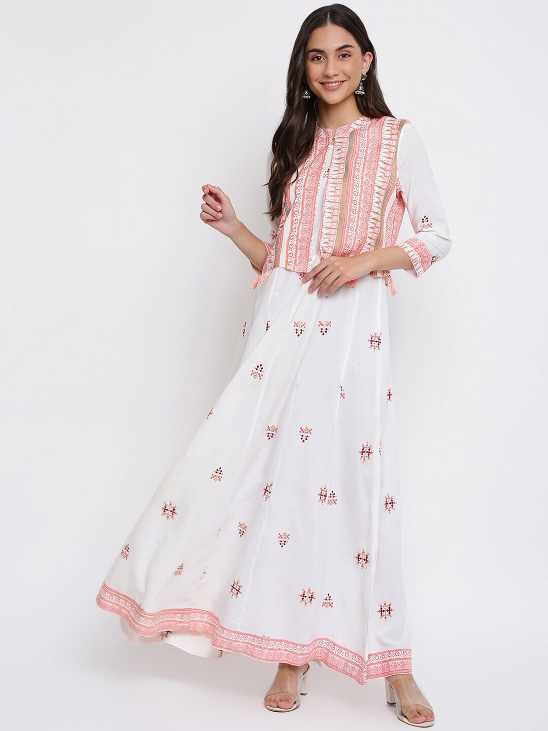 

INDIAN KNOTS Ethnic Motifs Printed Pure Cotton Maxi Ethnic Dress With Jacket, White