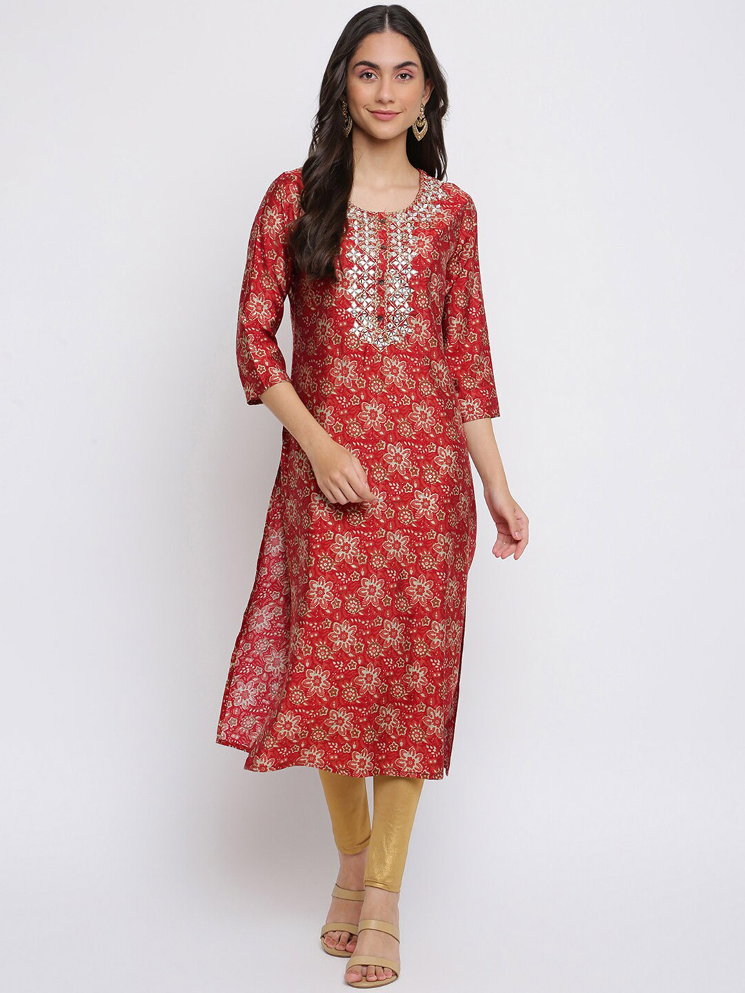 

INDIAN KNOTS Ethnic Motifs Printed Regular Mirror Work Cotton Kurta, Red