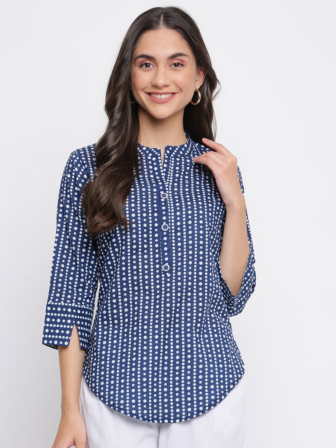 

INDIAN KNOTS Polka Dot Printed Pure Cotton Kurti, Blue
