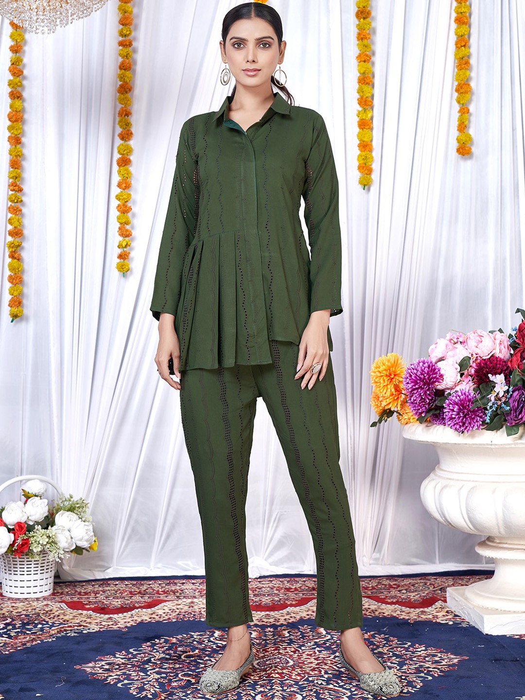

PRENEA Self Design Schiffli Pure Cotton Top With Trouser, Olive