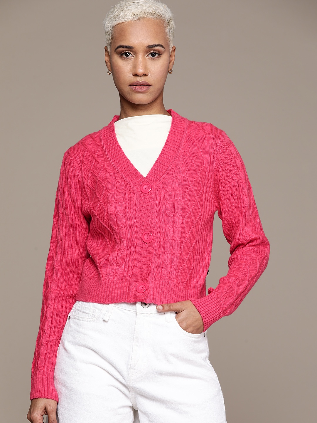 

Roadster Cable Knit Crop Acrylic Cardigan, Magenta