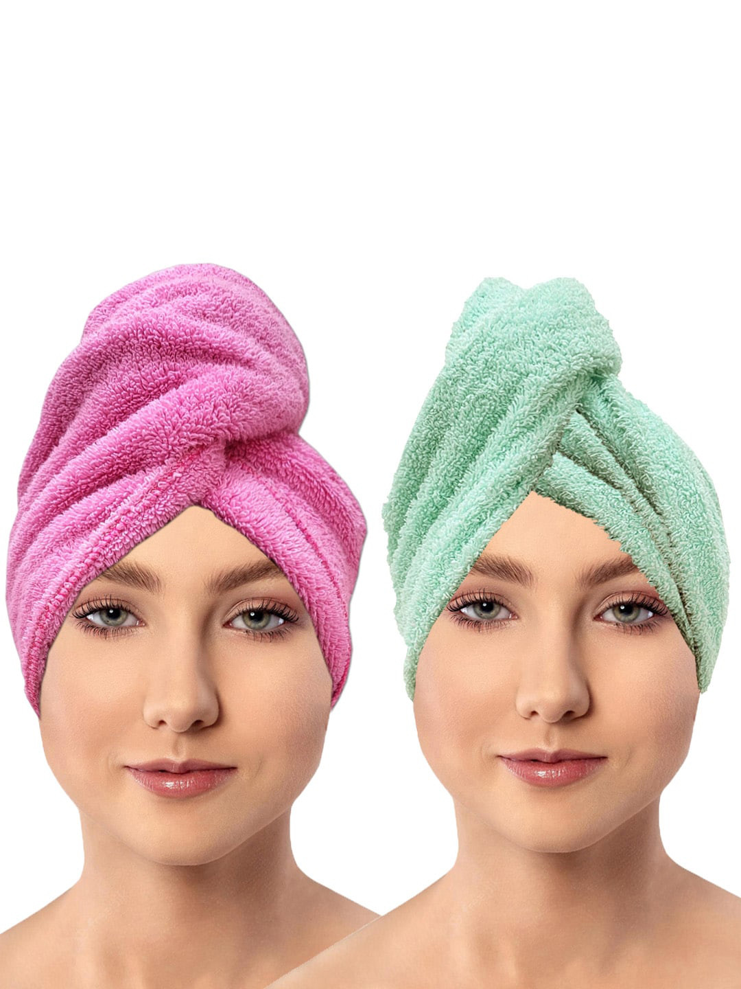 

AVI Living Pink & Green 2 Pieces Pure Cotton 600 GSM Hair Wrap Towels