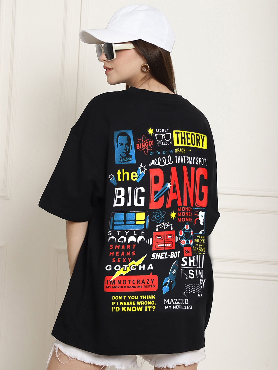 

Fabflee Graphic Printed Drop-Shoulder Sleeves Cotton Oversized T-Shirt, Black