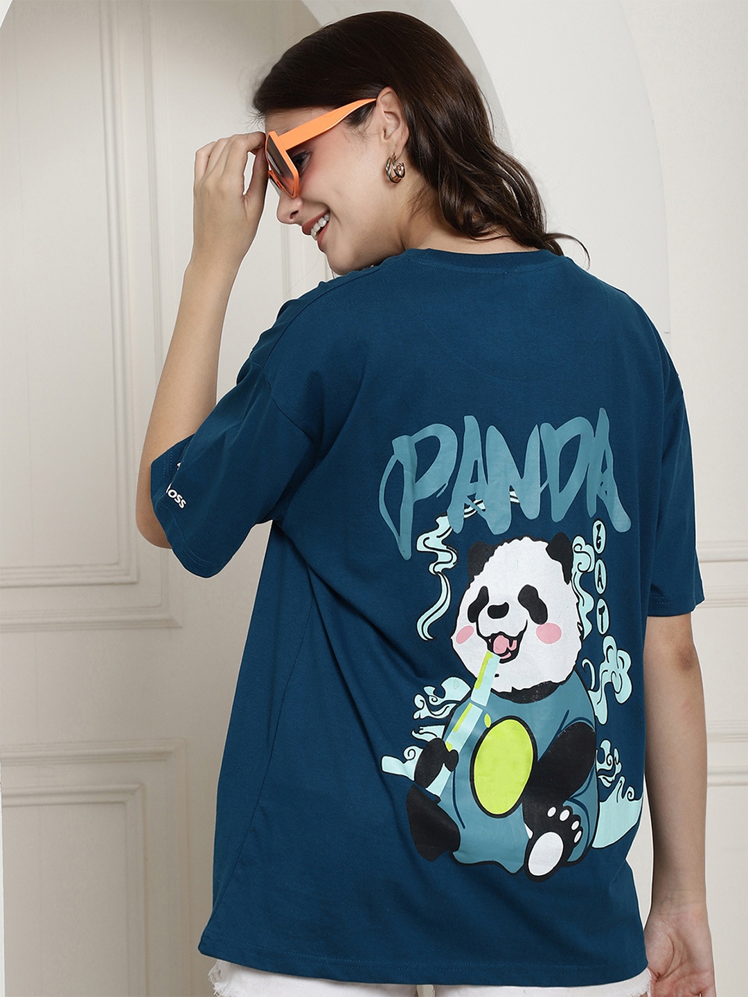 

Fabflee Women Graphic Printed Drop-Shoulder Sleeves Cotton Oversized T-Shirt, Blue