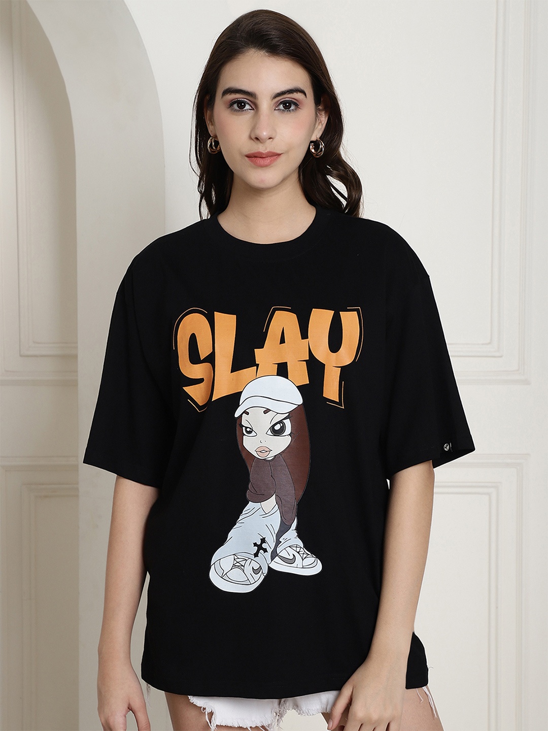Fabflee Women Graphic Printed Drop-Shoulder Sleeves Cotton Oversized T-Shirt, Black