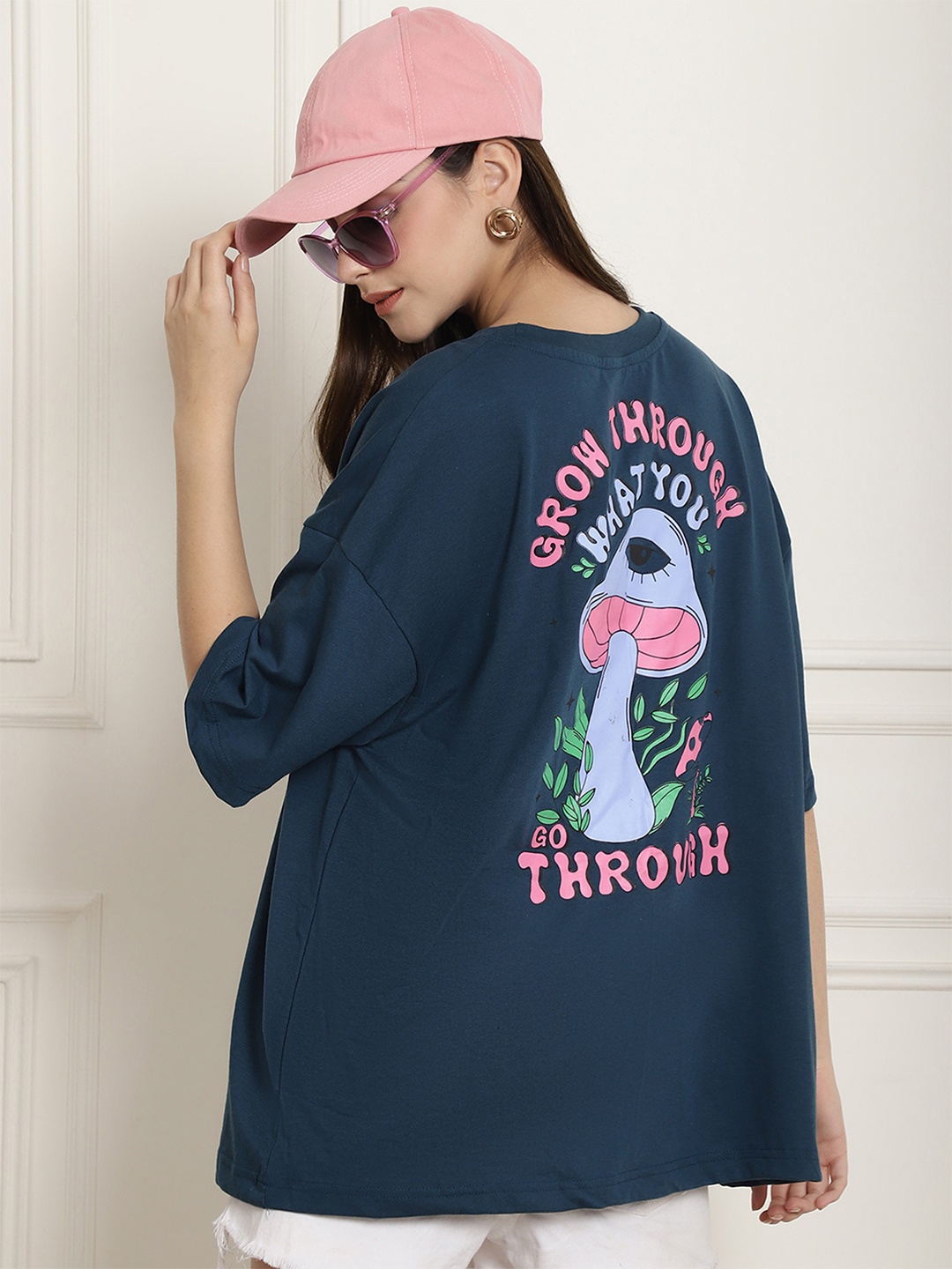 

Fabflee Graphic Printed Drop-Shoulder Sleeves Casual Loose Style Cotton Oversized T-Shirt, Teal