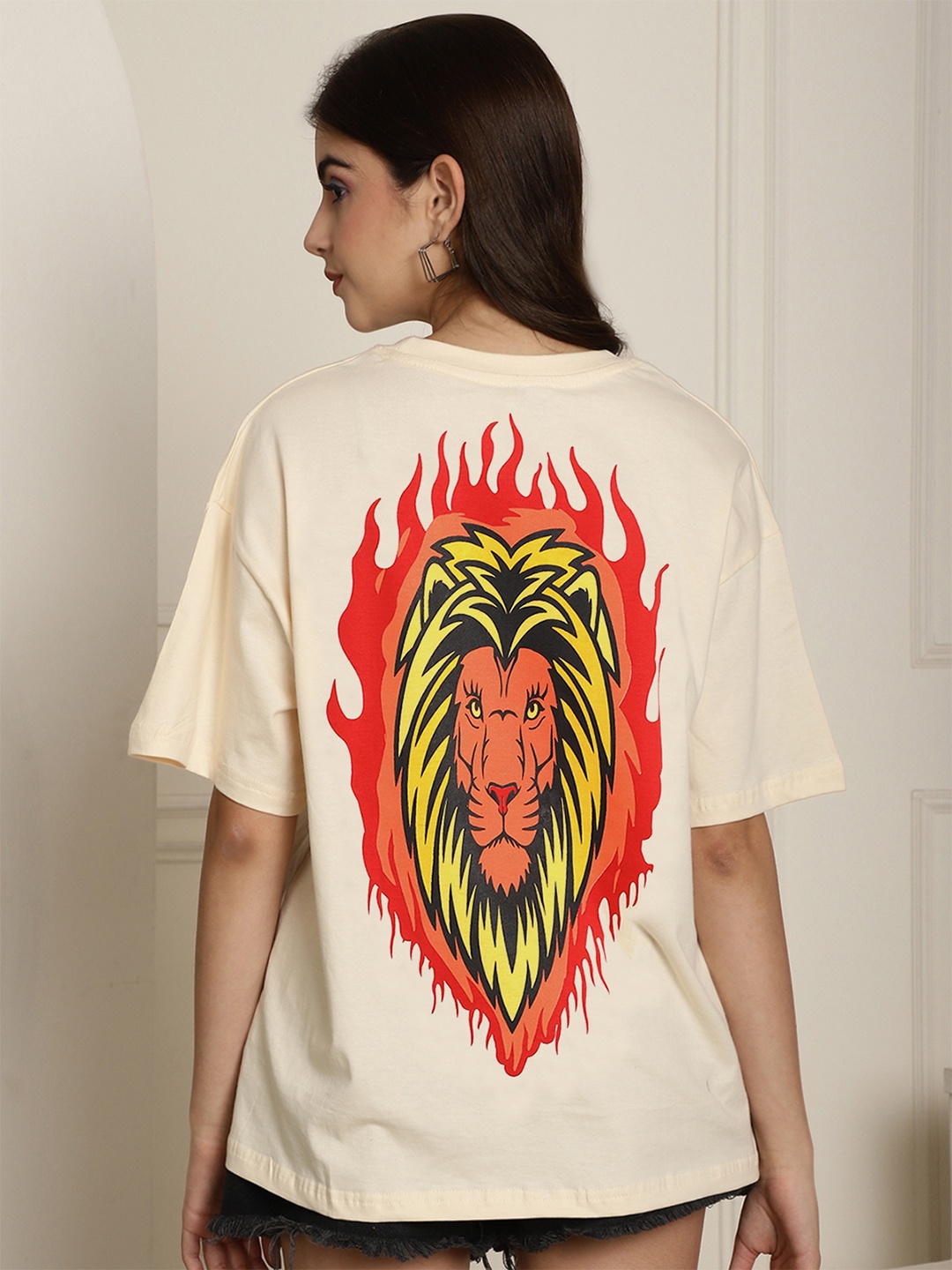 

Fabflee Women Graphic Printed Drop-Shoulder Sleeves Cotton Oversized T-Shirt, Cream