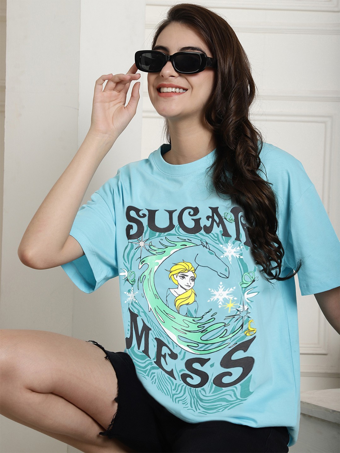 

Fabflee Women Frozen Printed Drop-Shoulder Sleeves Cotton Oversized T-Shirt, Blue