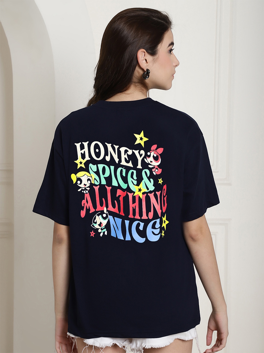 

Fabflee Women Graphic Printed Drop-Shoulder Sleeves Cotton Oversized T-Shirt, Navy blue