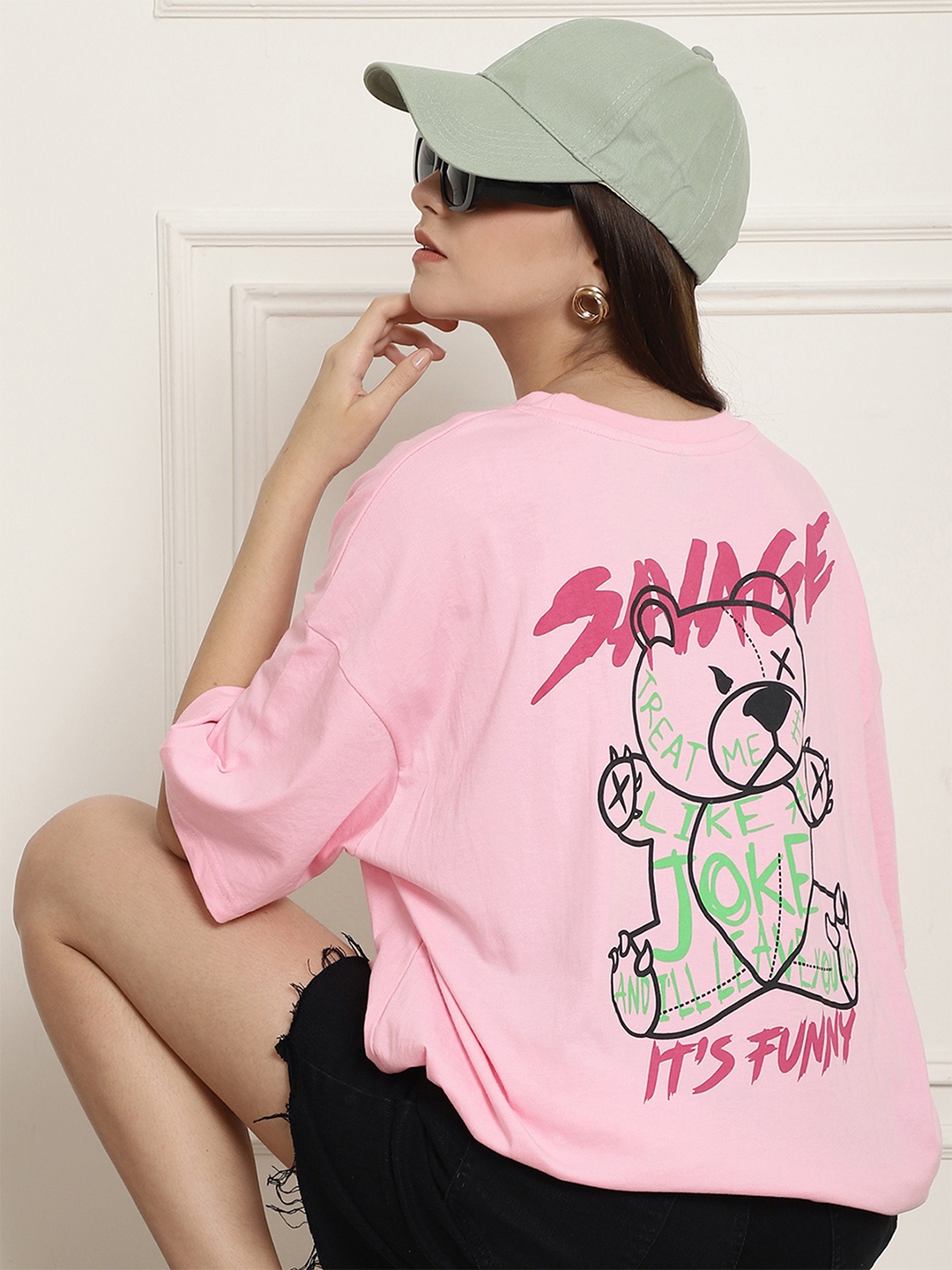 

Fabflee Graphic Printed Drop-Shoulder Sleeves Cotton Oversized T-Shirt, Pink
