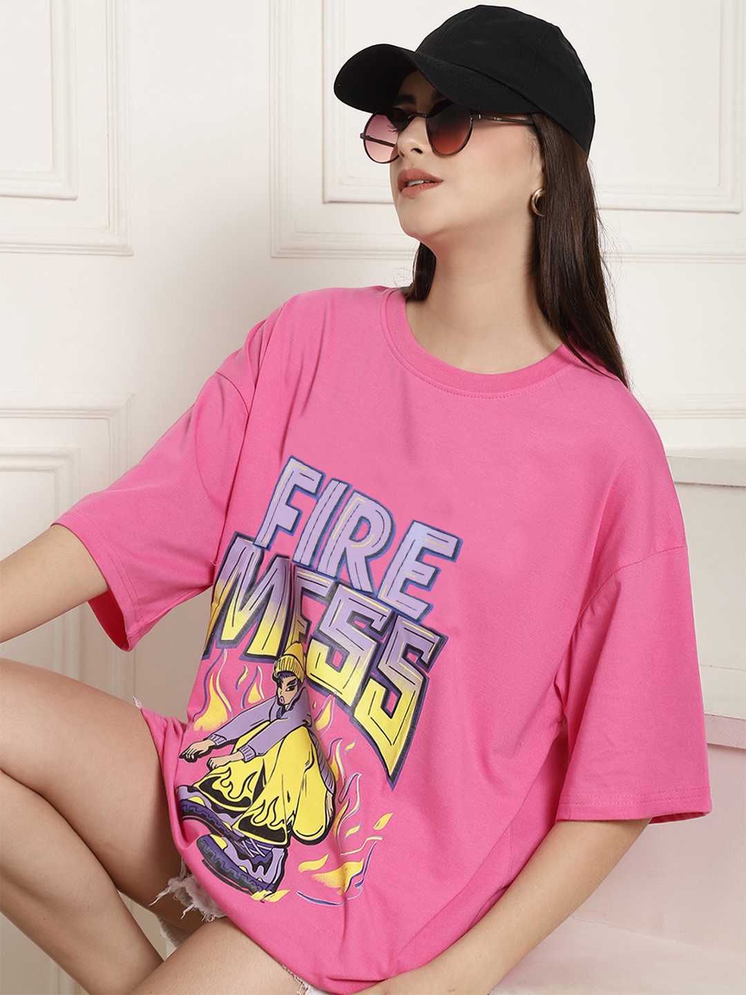 

Fabflee Graphic Printed Drop-Shoulder Sleeves Cotton Casual Loose Style Oversized T-Shirt, Pink