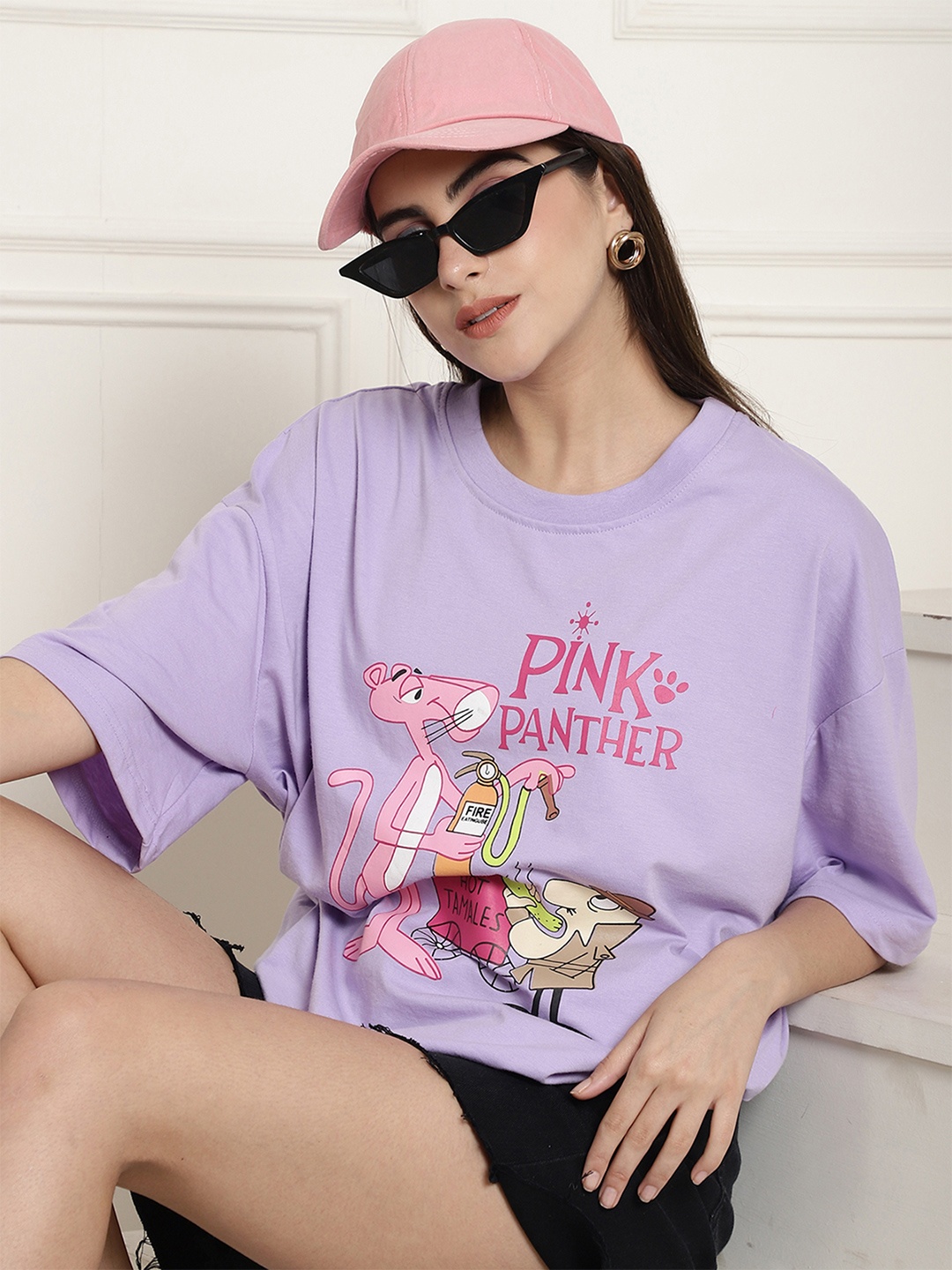 

Fabflee Graphic Printed Drop-Shoulder Sleeves Cotton Oversized T-Shirt, Lavender